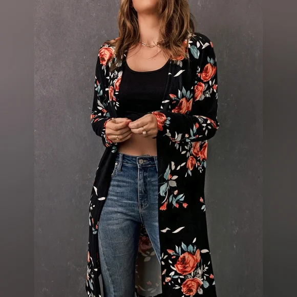 Black Floral Open Front Longline Cardigan - Picture 2 of 5